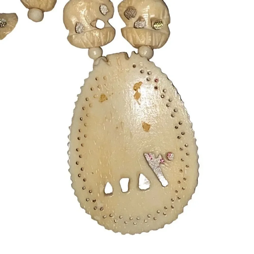 Vintage 1950s Carved Bovine Bone Elephant Necklace 26in With 2in Pendant - Picture 3 of 5